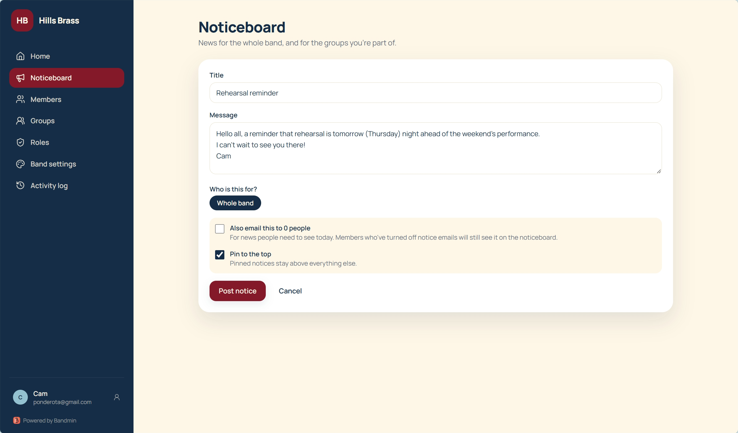 Hills Brass noticeboard screen