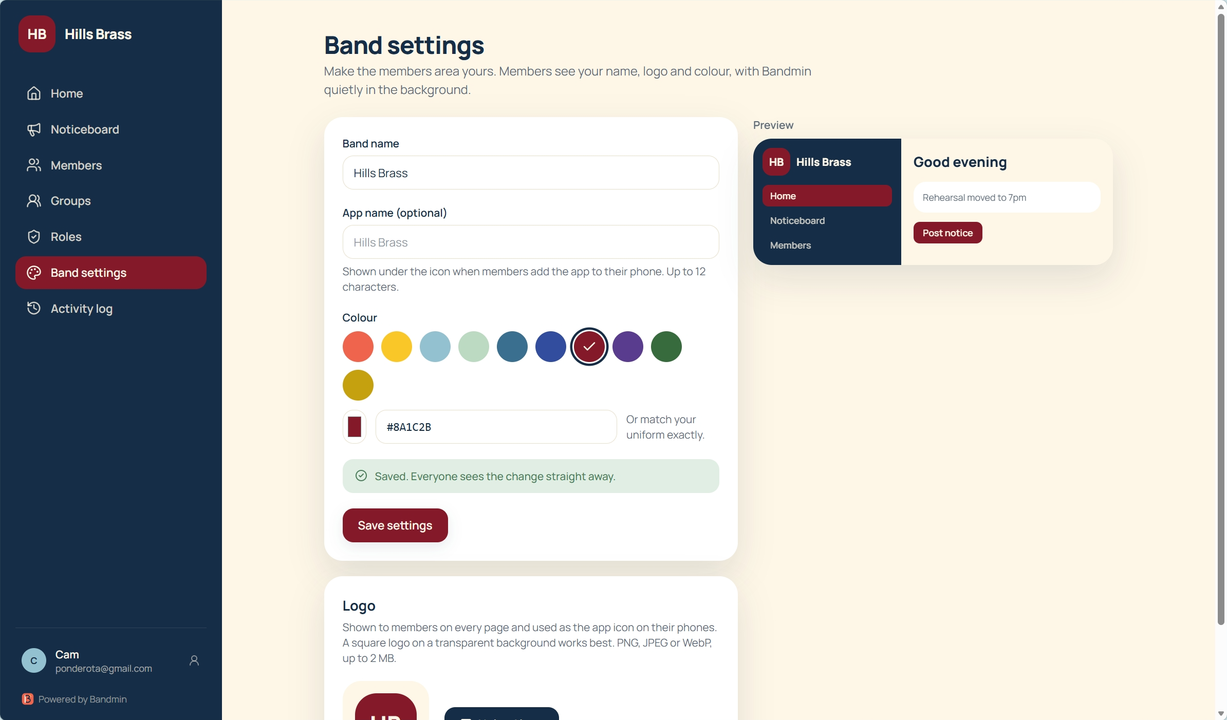 Hills Brass band settings screen showing custom branding
